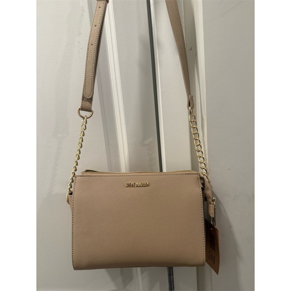 Steve Madden Blexi Crossbody Bag Womens Beige Gold Chain Strap Zip Closure